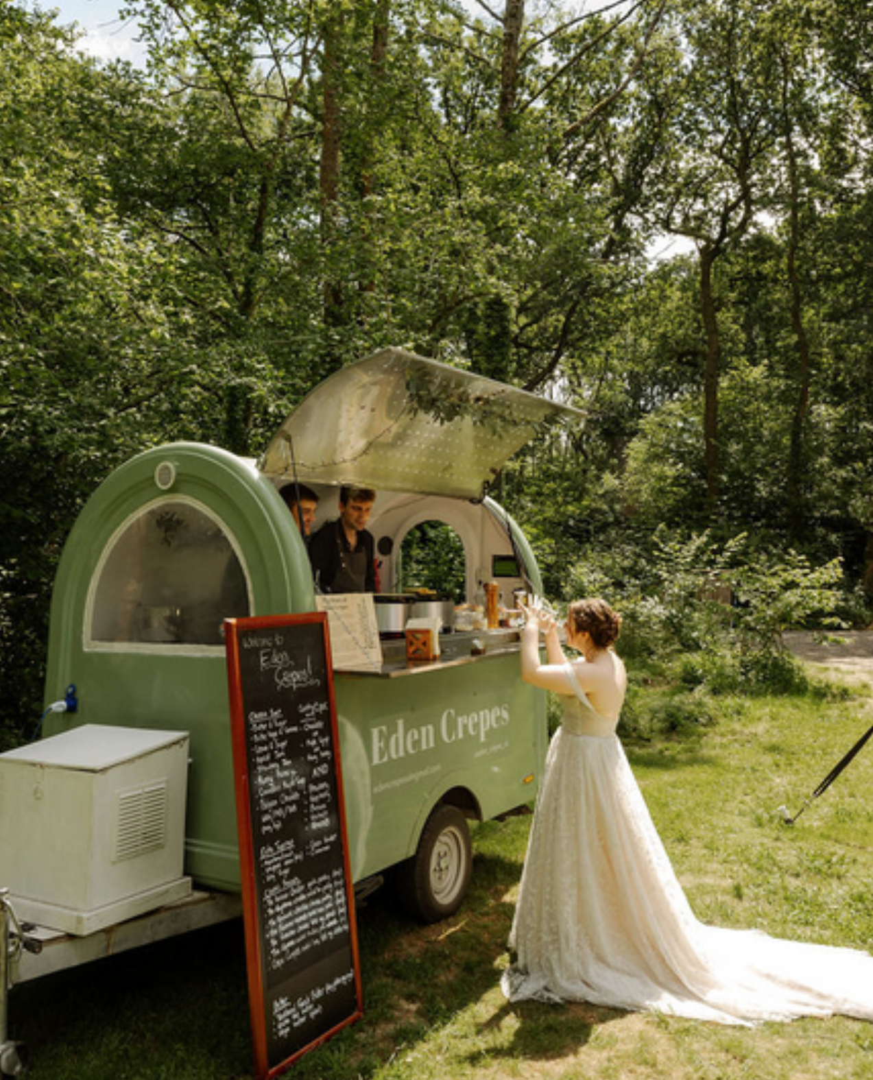 Eden Crepes green trailer at a wedding